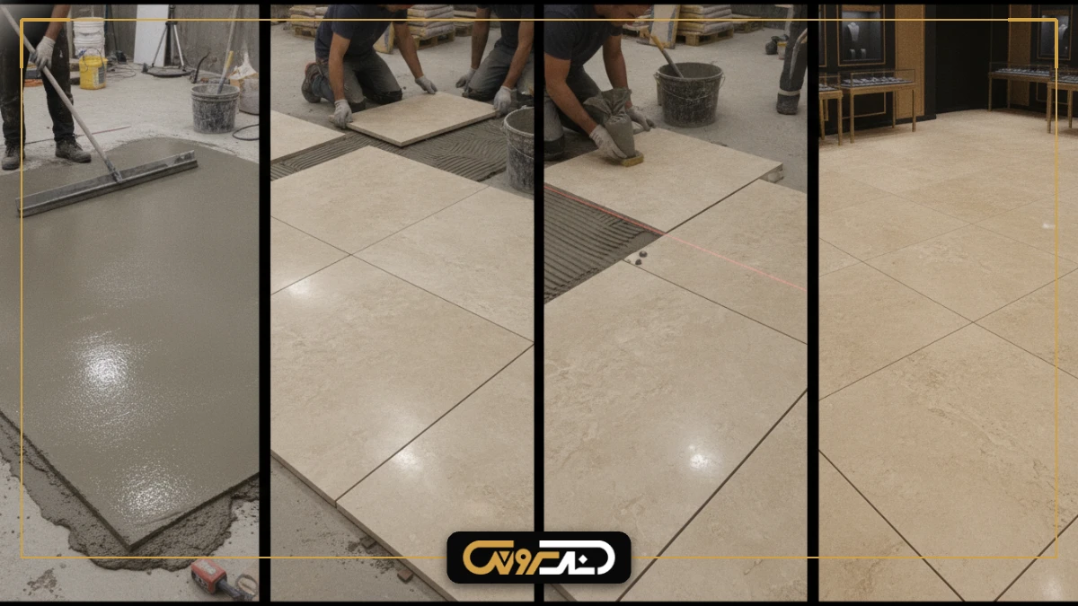 مراحل اجرای صحیح کفپوش سنگی شامل آماده‌سازی زیرسازی، نصب اسلب و کاشی سنگی، تراز کردن و اجرای نهایی کف