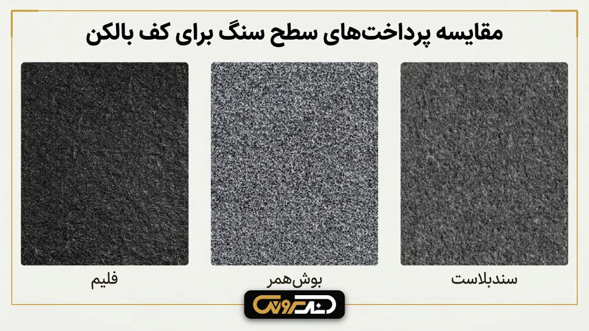 مقایسه پرداخت های سطح سنگ برای کف بالکن شامل سندبلاست، بوش همر و فلیم
